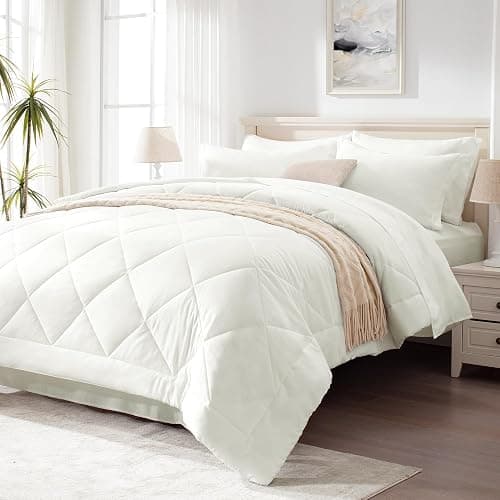 Love's cabin Full Comforter Set Ivory, 7 Pieces Full Bed in a Bag, All Season Bedding Sets with 1 Comforter, 1 Flat Sheet, 1 Fitted Sheet, 2 Pillowcase and 2 Pillow Sham - Image 1