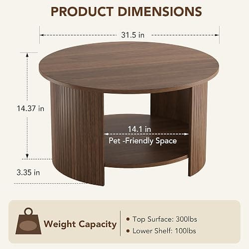 OneBlis Round Coffee Table with Storage, 31.5" Modern Fluted Center Table, 2-Tier Mid Century Coffee Table, Wood Circle Table for Living Room, Home Office, Small Space, Walnut thumbnail 2