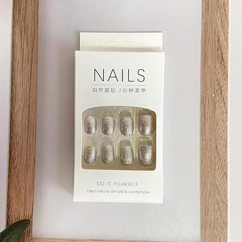 Glitter Press on Nails Square Short Fake Nail Full Cover Sparkly False Nails Acrylic Stick on Nails Reusable Shine Artificial Glue on Nail for Women 24Pcs thumbnail 5
