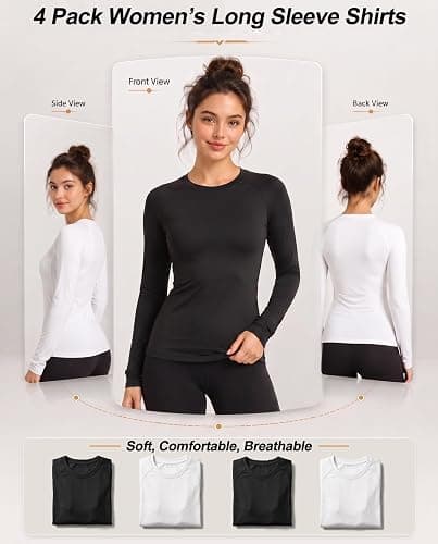 TELALEO 4 Pack Women's Compression Shirt Long Sleeve Performance Workout Baselayer Athletic Top Sports Gear thumbnail 6