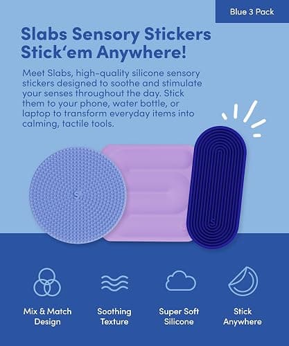 Speks Slabs Silicone Sensory Stickers | Calming Strips & Fidget Stickers for Desk | Anxiety & Focus Tool for Teens and Adults | Blue 3-Pack thumbnail 2