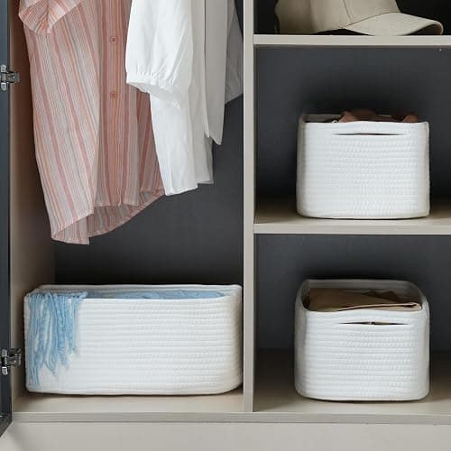 Maxuni 3-Pcs Shelf Baskets for Organizing, Closet Organizer Bins, Small Woven Baskets, Rope Toy Basket, Storage Basket for Shelves, Cube Decorative Box, 11.8×7.8×5.1”, White thumbnail 3