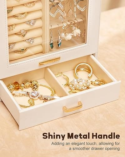 Homde Jewelry Organizer Girls Women Jewelry Box for Necklaces Rings Earrings Gift Bracelets Storage Case (White + Gold) - White + Gold thumbnail 7