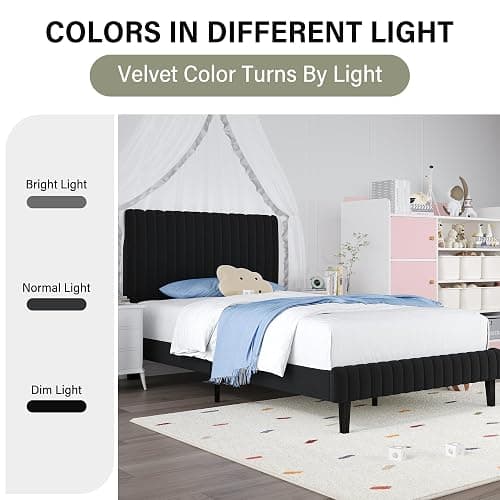 Lullabyre Twin Bed Frame Velvet Upholstered Platform Bed with Adjustable Vertical Channel Tufted Headboard and Footboard, No Box Spring Required, Easy Assembly, Black thumbnail 7