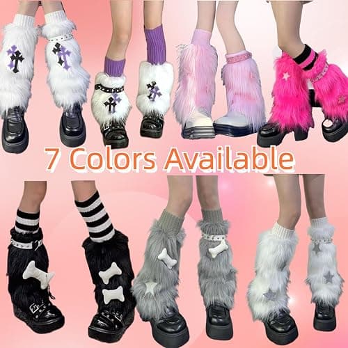 CHERSE Furry Leg Warmers for Women 3in1 Kawaii Star Bone Plush Y2K Leg Socks Pink Lolita Faux Fur 80s Harajuku Punk Gothic thumbnail 7