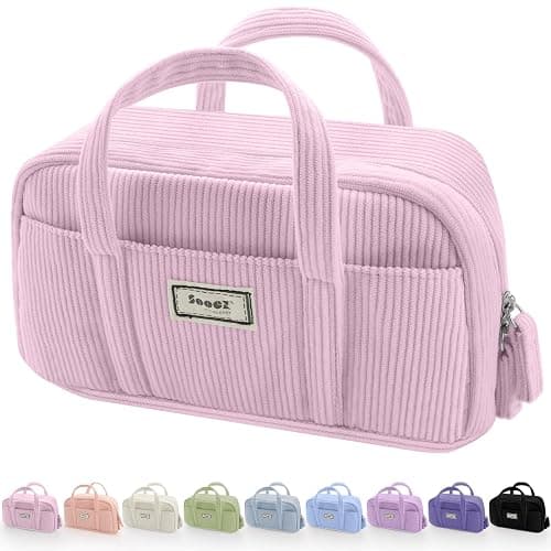 Sooez Large Pencil Case Pouch, Extra Big Pencil Bag with 5 Compartments | Pen Bag Wide Opening, Soft Corduroy Pencil Organizer with Zipper, Cute Aesthetic School Supplies for Teen Girls Light Pink - Image 1