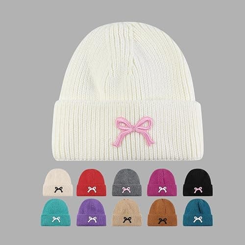 Licupiee Women Bow Beanie Hat Winter Warm Knit Hats 2024 Cute Embroidery Bowknot Caps Streetwear thumbnail 2