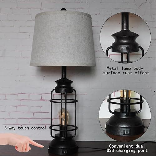 Table Lamps Set of 2 with USB Port 3 Way Dimmable Touch Lamps 28.5" Tall Rustic Industrial Living Room Lamps for Bedroom Bedside Office 4 Bulbs Included thumbnail 4