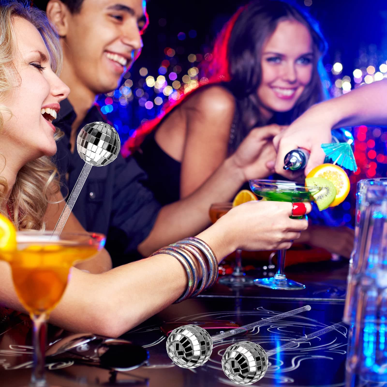 Sawysine 24 Pcs Disco Balls Cocktail Stirrers Plastic Round Top Swizzle Sticks Cake Pops Mirror Ball Coffee Beverage Stirrers for Home Bar Coffee Shop Use (Silver) - Silver thumbnail 4