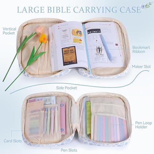 Bible Cover Case for Women, Large Quilted Bible Carrying Case with Handles, Bible Study Supplies & Accessories Christian Gifts for Women(Blue Flower) thumbnail 3