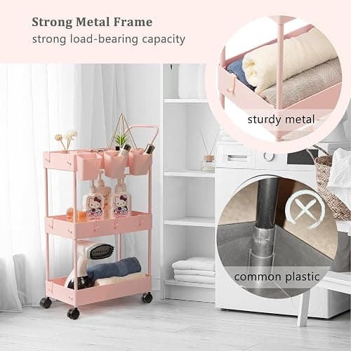 danpinera 3-Tier storage trolley, storage trolley on wheels, beauty trolley with Dividers & Hooks & Hanging Cups, kitchen trolley, storage cart for Kitchen, Make-Up, Bathroom, Office, Pink thumbnail 4
