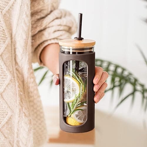 Kodrine 20oz Glass Tumbler with Straw and Lid, Iced Coffee Cups with Bamboo Lids, Glass Cups for Cold Drinks, Smoothie Cup with Silicone Sleeve for Travel, Work, BPA FREE-Brown thumbnail 3