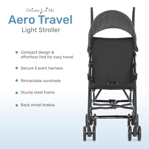 Dream On Me Aero Travel Umbrella Stroller, One-Hand Quick Fold, 3-Point Safety Harness, Dual Brakes, Adjustable Removable Canopy, Lightweight Compact & Space-Saving for Infants and Toddlers – Black thumbnail 5