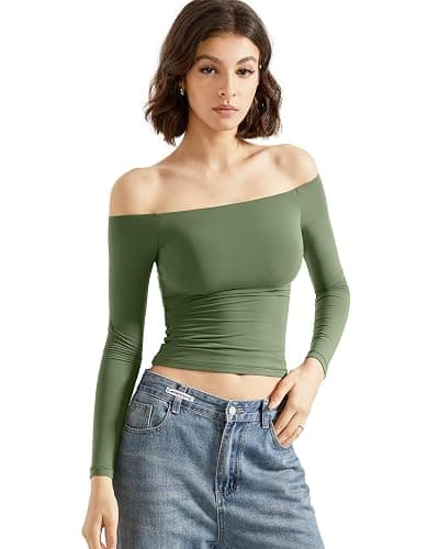 SUUKSESS Women Off Shoulder Double Lined Long Sleeve Shirts Basic Going Out Tops - Image 1
