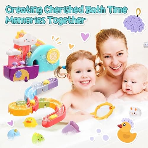 CUTE STONE Baby Bath Toys, No Hole Floating Squirting Bathtub Toy W/ Water Slide Building Track, Duck Fishing Net Game, Toddler Shower Toys, Water& Pool Toys, Educational Gifts for Boys Girls thumbnail 4