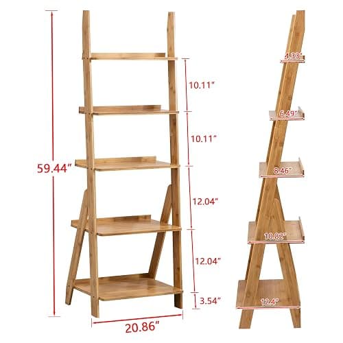 Maydear Bamboo Ladder Shelf Bookcase, 5-Tier Leaning Bookshelf Free Standing Organizer Storage Shelves for Living Room, Bedroom, Kitchen, Home Office, Balcony, Natural Wood thumbnail 2