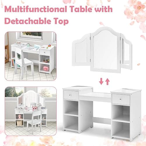 AKUSTIK Kids Vanity, 2 in 1 Wooden Princess Makeup Table and Chair for Toddlers with Tri-Folding Detachable Mirror, Storage Drawers for Little Girls, Pretend Beauty Dressing Desk Play Set Toy Gift thumbnail 3