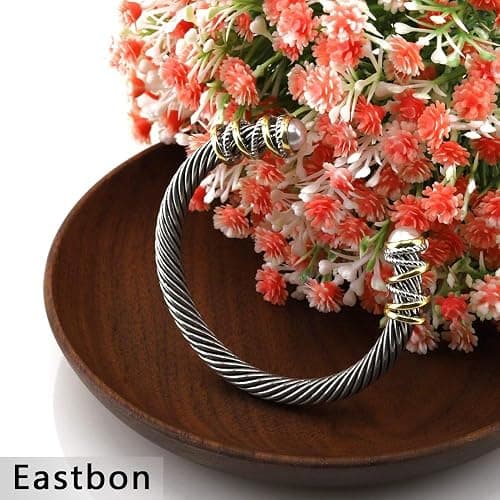 Eastbon Twisted Cable Bracelet with Composite Shell Pearl 6" Antique Cuff Bracelets for Women thumbnail 2