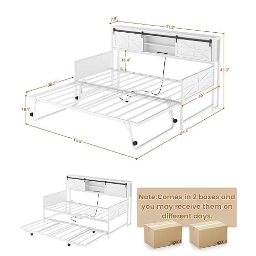 Homieasy Daybed with Trundle, Farmhouse Twin Day Bed with Bookcase Headboard and Charging Station, Heavy Duty Metal Sofa Bed Frame with Pop-up Trundle Bed for Living Room, Bedroom, White thumbnail 2