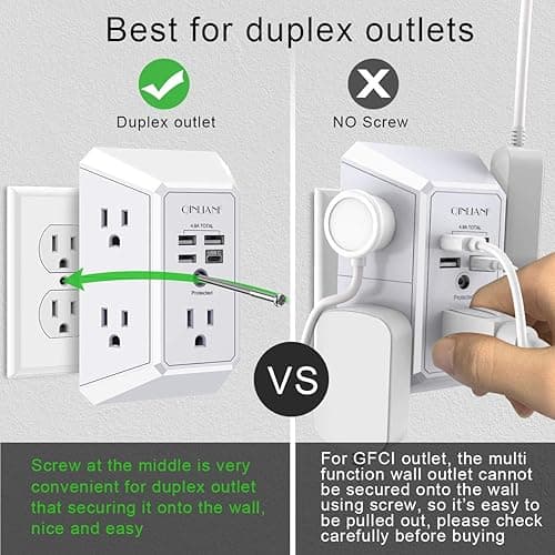 Wall Charger, Surge Protector, QINLIANF 5 Outlet Extender with 4 USB Charging Ports (4.8A Total) 3-Sided 1680J Power Strip Multi Plug Adapter Spaced for Home Travel Office (3U1C) - 3U1C - White thumbnail 5