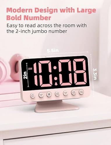 Odokee Digital Alarm Clocks for Bedrooms: Large Bold Number 5 Brightness Dimmer - Easy to Read Across The Room - 5 Alarm Sound 8 Night Light - Sakura Pink thumbnail 2