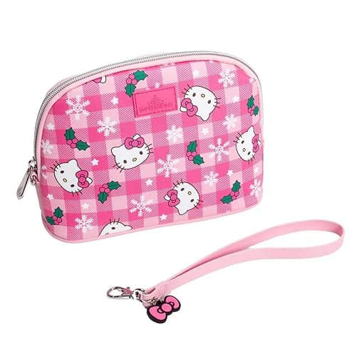 Impressions Vanity Hello Kitty Gingham Arch Makeup Bag for Women, Faux Leather Travel Toiletry Bag with Removable Wristlet Strap, Waterproof Reusable Inside Pocket Mini Cosmetic Organizer (Pink) thumbnail 5