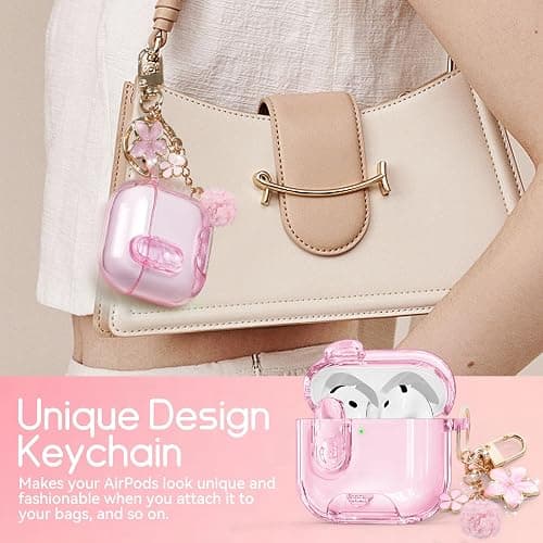 Clear Case for AirPods 4 Case Cover with Safety Lock,Soft TPU Cover with Phone Stand & Cleaning Kit,Cute Bling Keychain for Women Girls-Clear Pink thumbnail 6