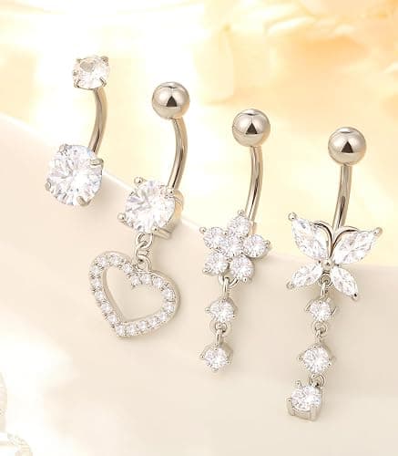 Leocuci Surgical Stainless Steel Dangle Belly Button Rings for Women Belly Ring Dangling Piercing Jewelry with Heart Flower Butterfly14G thumbnail 6