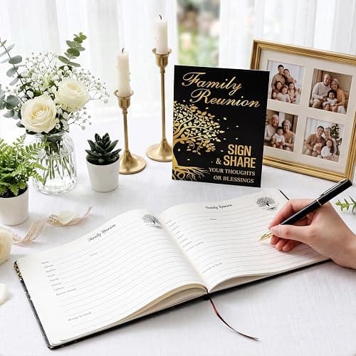 Tenceur Family Reunion Guest Book Heart, 112 Pages with Pen and Sign | Tree Design Memory Journal for Gathering, Black Gold Foil, Includes Table Stand and Writing Tool, Reunion Celebration thumbnail 2