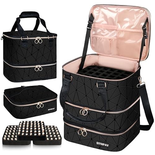 SIYNPAV Nail Polish Organizer Bag Holds 126 Bottles (15ml/0.5fl.oz)& Nail Lamp, 3 Layers Detachable Nail Kit Storage Case PU Leather, Large Travel Nail Supplies Shoulder Bag for Manicure Tools (Black) - Image 1