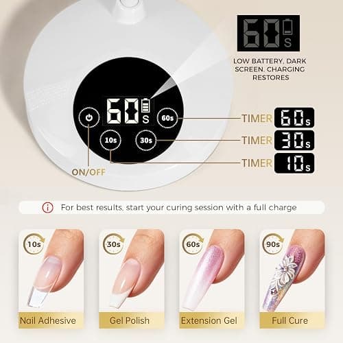 AORAEM UV LED Nail Lamp, Rechargeable Gooseneck UV Lamp for Gel Nails 12W Quick Dry LED Nail Light Bueaty Dryer with 4 Timers & Auto Sensor, Professional Flash Cure Light for Gel Nails Home DIY White thumbnail 8