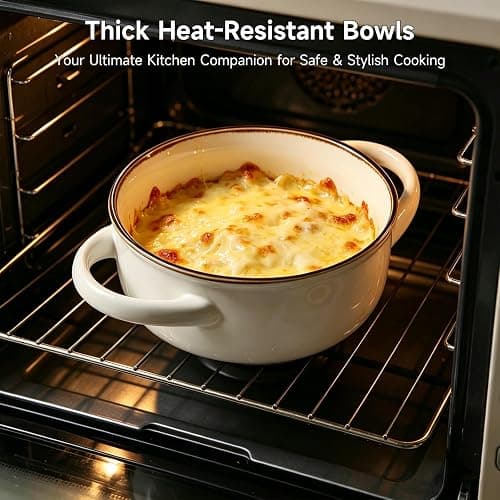 MONITO Ceramic Salad Bowl with Handles, 28 oz French Onion Soup Bowls, Ceramic Soup Bowls for Cereal, Pasta, Chilli, Beef Stew, Stackable Serving Bowl Set of 4 (28 OZ) | Ceramic Soup Bowls with Handles for Cereal,Pasta,Chilli,Beef Stew,Stackable Serving Bowl Set of 4 thumbnail 6