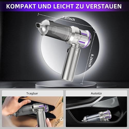 Handstaubsauger, 22000Pa 4-in-1 Handstaubsauger Akku Kabellos mit 1-Knopf-Selbstentleerung, Bürstenloser Motor Mini Staubsauger, 3 Stufen Saugstärke, Auto Staubsauger für Haus/Auto/Tierhaar, Silber thumbnail 7