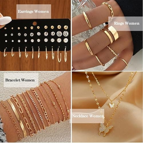 IFNODO 47pcs Gold Jewelry Set With 3 PCS Necklace, 11 PCS Bracelet,20pcs Hoop Stud Earrings,7pcs rings set For Women For Birthday Gifts thumbnail 4