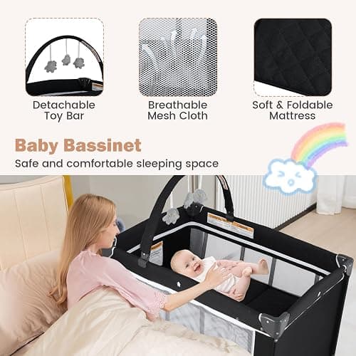 BABY JOY 3 in 1 Pack and Play, Travel Baby Crib Bassinet Bed with Bassinet, Changing Table with Safety Belt, Toy Bar, Lockable Wheels, Portable Baby Playard from Newborn to Toddler thumbnail 7
