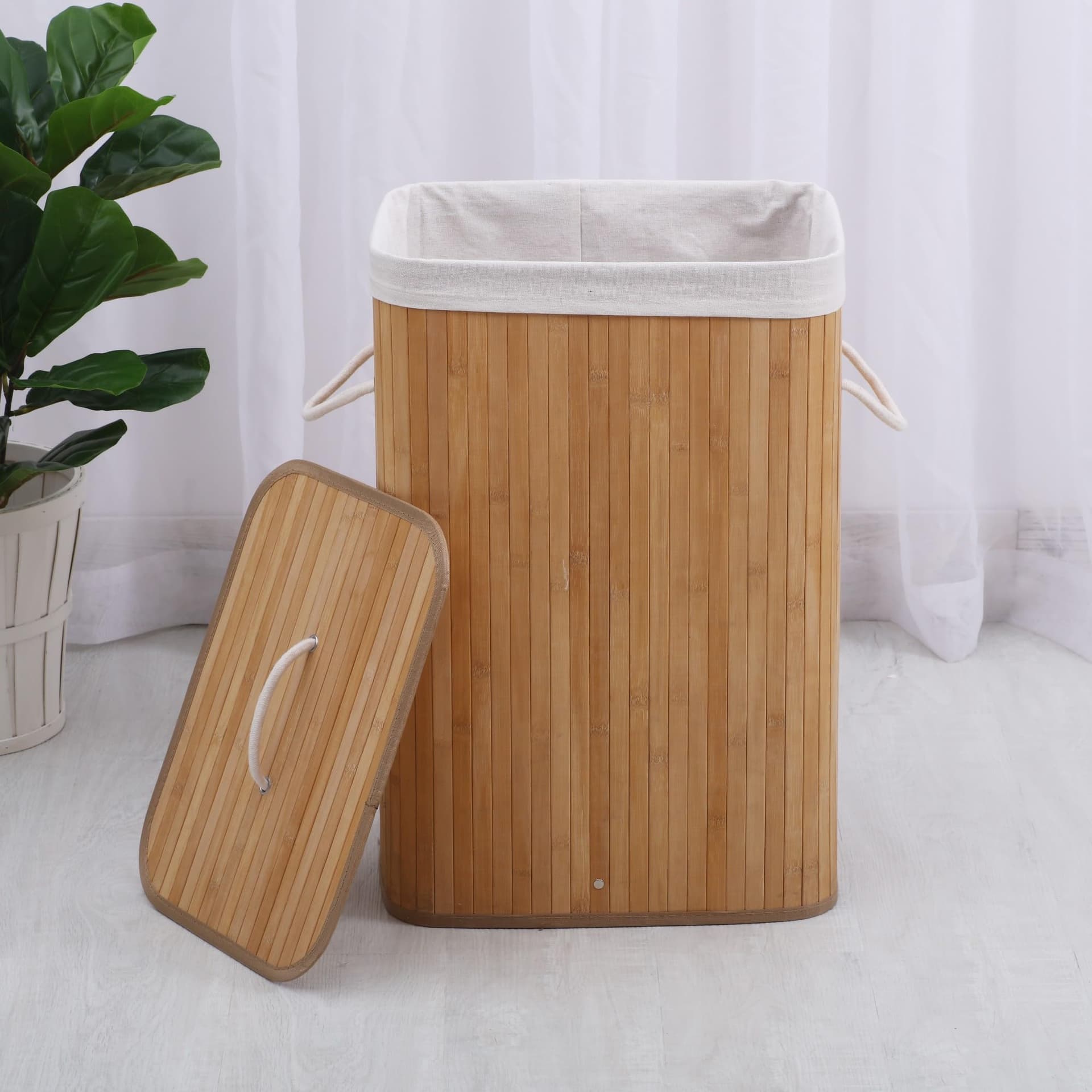 Sherwood Home Rectangular Collapsible Bamboo Folding Laundry Basket Washing Bin Hamper Cotton Handles, Breathable Liner, Lightweight and Durable Ideal for Bathroom & Home Organization - 40 x 30 x 60CM thumbnail 2