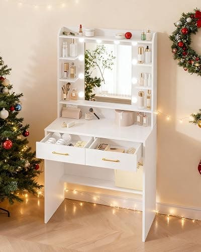 Hzuaneri Vanity Desk with Mirror and Led Light, Adjustable Brightness, Dressing Table with Shelves and 2 Drawers, for Bedroom, 40 x 80 x 149 Cm, White DT37203X thumbnail 7
