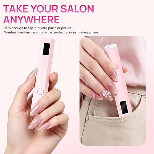 Krofaue Handheld UV Nail Lamp, 180mAh Rechargeable, 20/60s Timer, LCD | Mini portable, 3W fast curing, 180mAh battery, 40 mins cordless use, 20s/60s timers, for gel polish, home DIY, salon, travel thumbnail 6