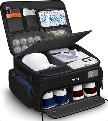 LOINTET Golf Trunk Organizer, Waterproof Car Golf Locker with Separate Ventilated Compartment for 2 Pair Shoes, Golf Storage for Balls, Tees, Cap, Clothes, Gloves, Accessories, Gifts for Men, Women - Image 1