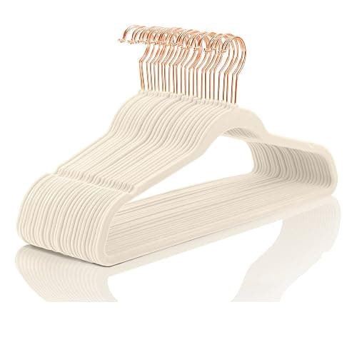 MIZGI Premium Velvet Hangers (50 Pack) Heavy Duty - Non Slip Felt Hangers - Velvet Suit Hanger Ivory - Rose Gold Hooks,Space Saving Clothes Hanger - Image 1