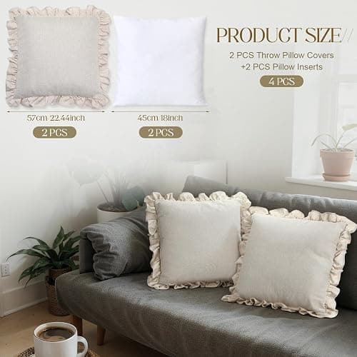 Fiwochic Set of 2 Cream White Ruffle Throw Pillows with Inserts Decorative Linen Zippered Pillows 18 x 18 Inch Include Detachable Pillowcase and Non Woven Fabric Inserts for Cushion Bed Couch Sofa thumbnail 3