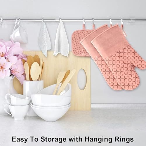 KEGOUU Oven Mitts and Pot Holders 6pcs Set, Kitchen Oven Glove High Heat Resistant 500 Degree Extra Long Oven Mitts and Potholder with Non-Slip Silicone Surface for Cooking (Pink) thumbnail 2