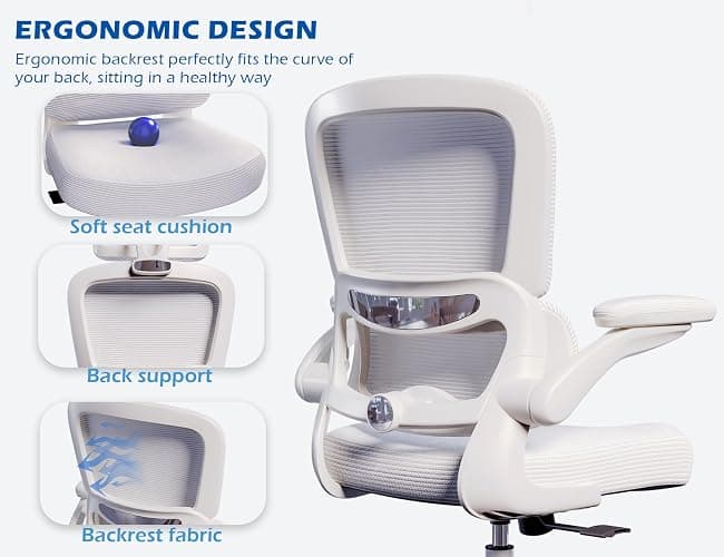 TRALT Ergonomic Office Chair - Desk Chair with Adjustable Lumbar Support Computer Chair - Mesh Comfy Chair with Flip-up Armrests - Gaming Chairs for Adults Home Office (Leather, White) thumbnail 8