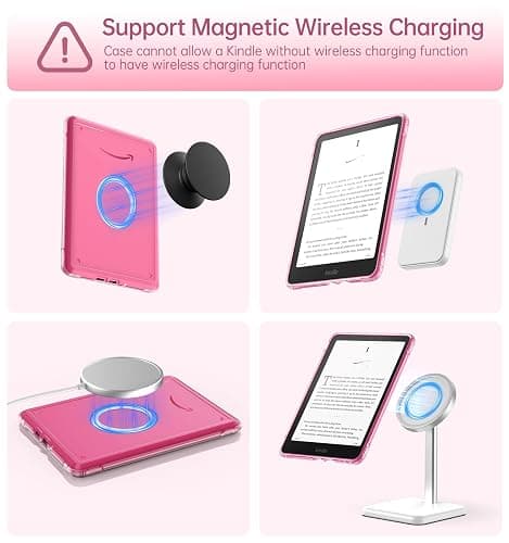 MoKo 360° Rotating Case for 7" Kindle Paperwhite 12th Generation 2024 & Kindle Colorsoft 2024/2025, Clear Back Detachable Magnetic Protective Adjustable Stand Cover with Auto Wake/Sleep, Spring Pink thumbnail 5