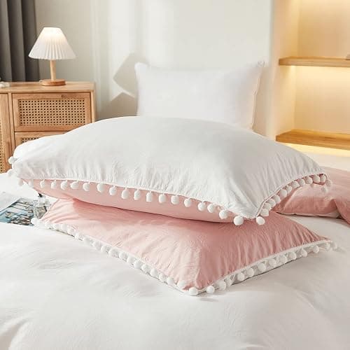 Bedbay Pink Comforter Set Twin Size Dorm Bedding Cute Pom Pom Fringe Boho Comforter White and Pink Reversible Bedding Sets for Girls Boys Soft Washed Microfiber 2 Pcs thumbnail 8