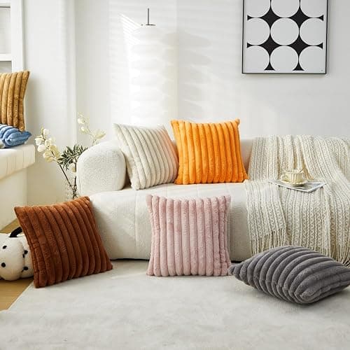 Sunday Praise Faux Fur Plush Decorative Throw Pillow Covers 16x16 Pink | Set of 2, Soft Plush Striped, Modern Home Décor, Farmhouse Boho Accent Cushion Covers for Couch Sofa Bed Living Room thumbnail 5