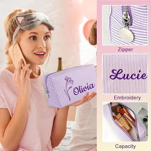 Ajiangwu Personalized Seersucker Makeup Bag with Embroidered Name,Custom Small Cosmetic Bag Travel Toiletry Bag Birthday Christmas Gifts for Teen Girls Daughter (2-Makeup Bag with Birth Flower) thumbnail 5