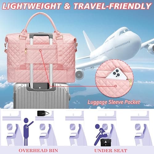 CLOUDWINGS Girl Gift-Women Birthday Gifts-Gifts for Teenage Girls Initial Travel Duffle Bag Quilted Weekender Overnight with Cosmetic Bag, Gym Bag with Shoe Compartment Personalized Bag, Pink A thumbnail 8