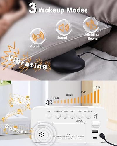 Vibrating Loud Alarm Clock with Bed Shaker, 15 RGB Colors & 7" Large Mirror Display,7-Color Nightlight,USB Charger,4 Dimmer,Battery Backup,Bedroom Clock for Heavy Sleeper Hearing Impaired Deaf Elderly thumbnail 2