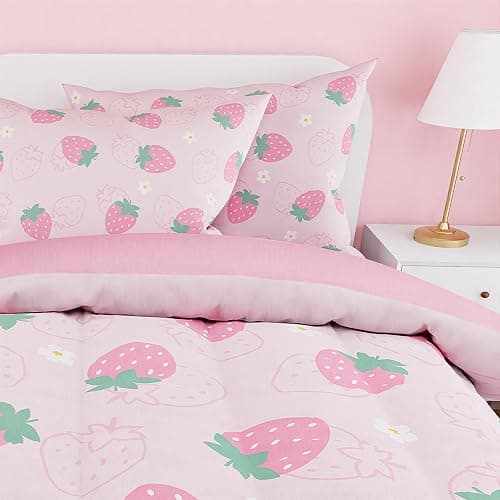 SANDJEST Strawberry Comforter Set Twin Size 68x86in for Kids Girls, Microfiber 3 Pcs Bedding Set Includes 1 Comforter, 1 Pillowcase, 1 Fitted Sheet, Nursery Room Decor thumbnail 4